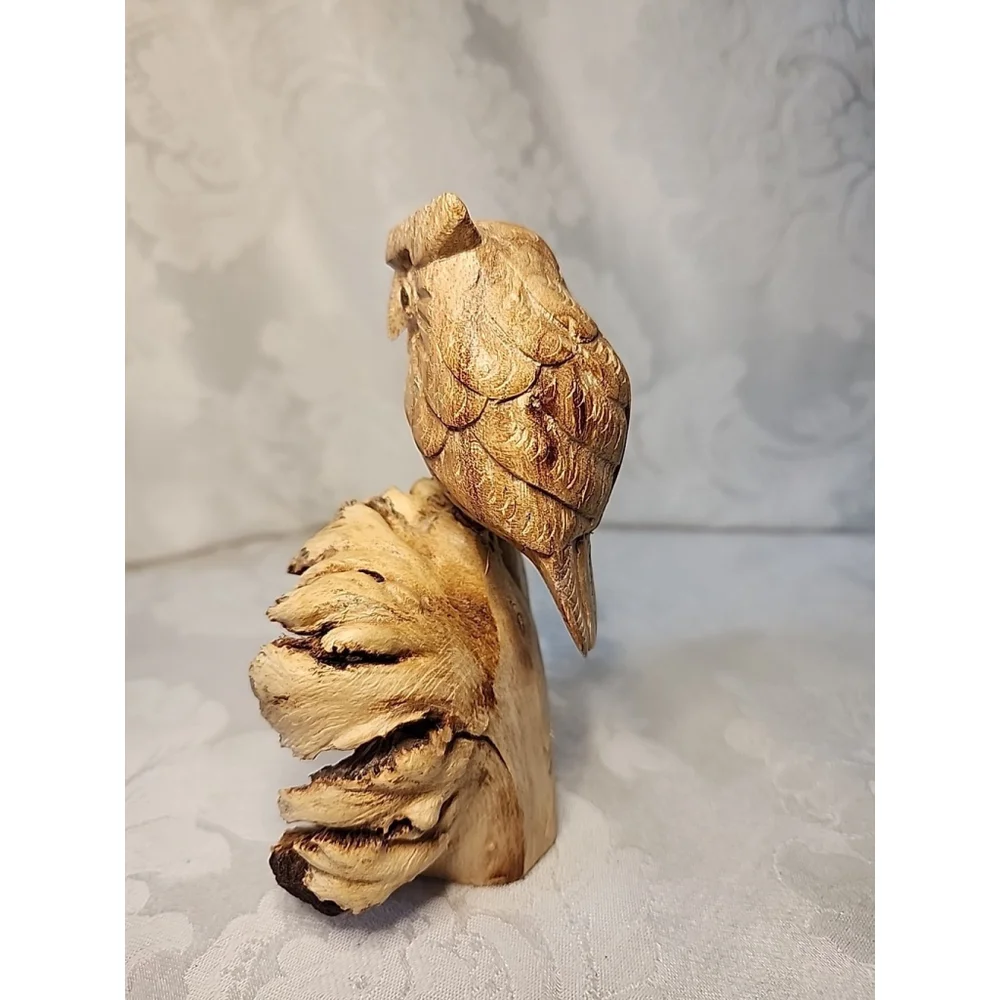 Handcrafted Owl Figurine Carved On Parasite Burl Wood,Excellent Cond.
